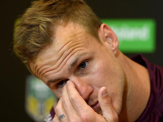 Sea Eagles captain Daly Cherry-Evans speaks during a press conference following  the Round 23 NRL match between the Manly-Warringah Sea Eagles and the Gold Coast Titans at Lottoland in Sydney, Friday, August 17, 2018. (AAP Image/Dan Himbrechts) NO ARCHIVING, EDITORIAL USE ONLY