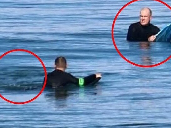 The photo shows a ripple in the water (left) moment before Tony Begg (right) was attacked by a shark. Picture: Nine