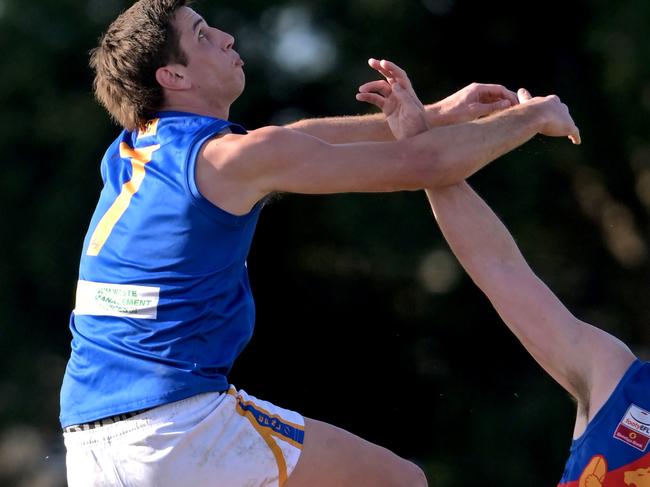 HeathmontÃs Nathan Mullenger-Mchugh and MulgraveÃs Thomas Gladman during the EFL Division 2 2023: Heathmont v Mulgrave - elimination final football match in Nunawading, Sunday, Aug. 20, 2023. Picture: Andy Brownbill