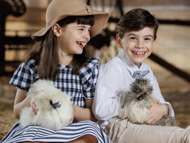 April Churchill 7, and Julian Morrison-Swann 7, enjoy a cuddle with Silky Chickens at the Ekka Animal Nursery. Picture Lachie Millard