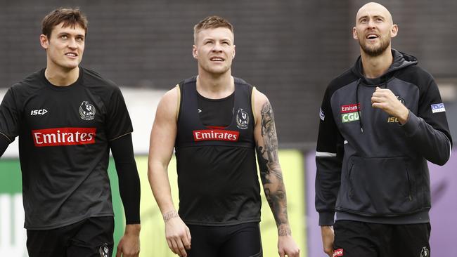 Collingwood trio Darcy Moore, Jordan De Goey and Ben Reid are missing with hamstring injuries. Picture: AAP