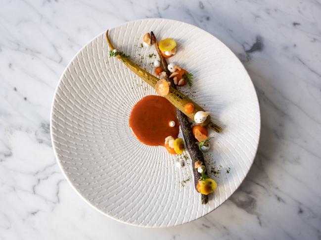 Carrot, lemon myrtle citronette and macadamia dish at Noi Restaurant. Picture: Monique Harmer