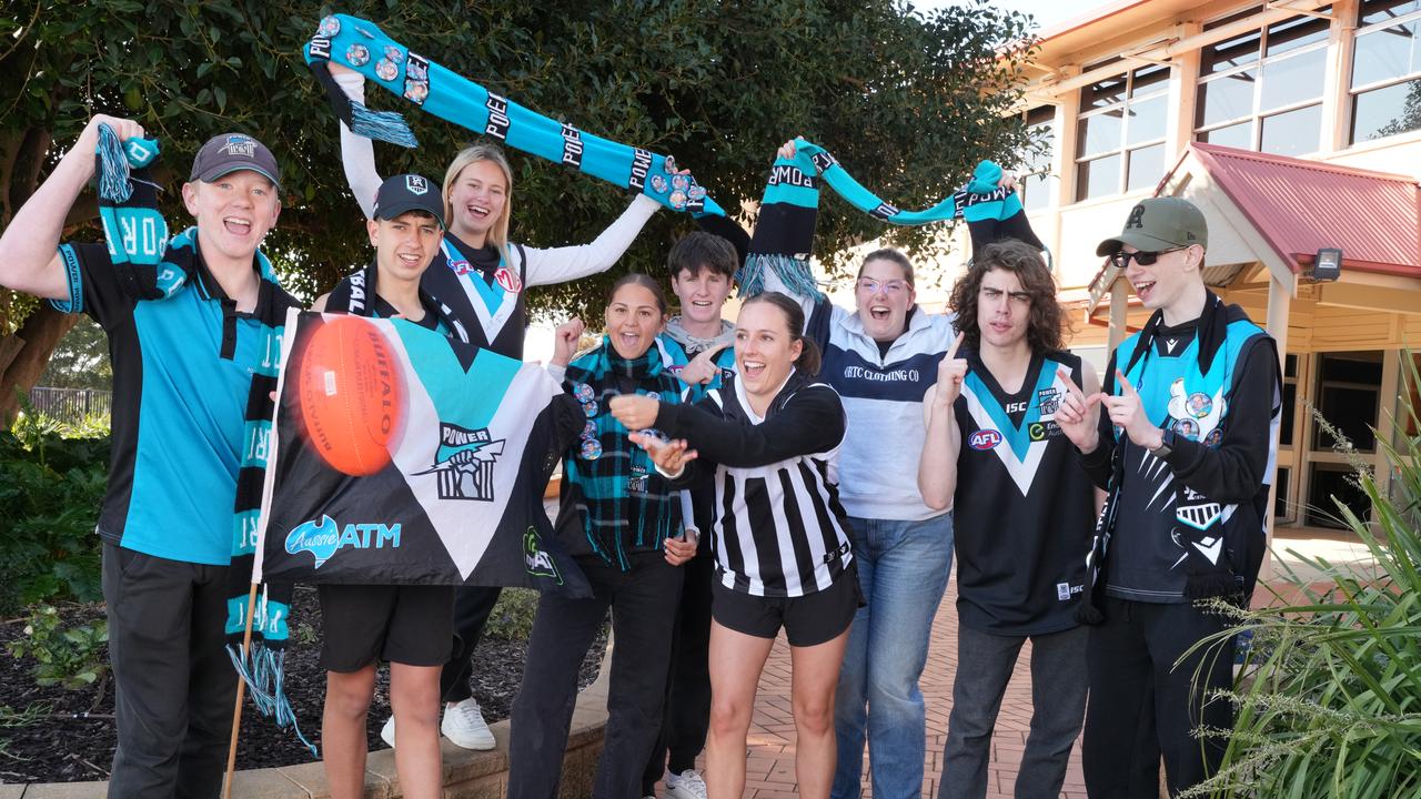 At Murray Bridge High, where Brandon Zerk Thatcher attended school, Power fans including Nathan Schulz, Carter Meyers, Mekaisha Meyers, Kitty Harradine, Brandan Pahl, Holly Temby, Ella Janes, Finn Schiller, Donald Lockyer. Picture: Dean Martin