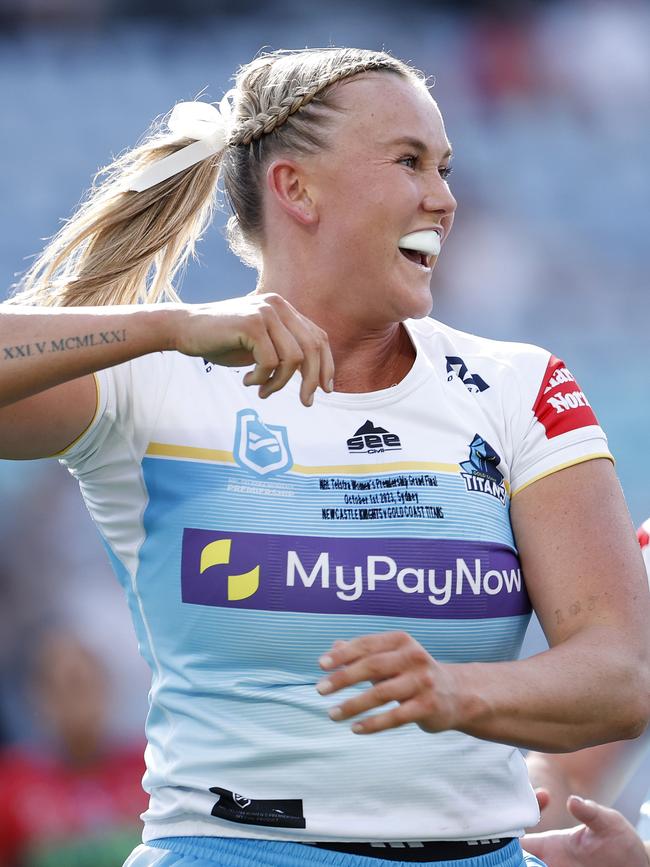 Jamie Chapman scores during the NRLW Grand Final between the Newcastle Knights and the Gold Coast Titans. Pictured Adam Head