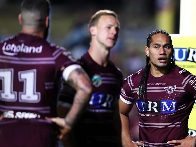 SYDNEY, AUSTRALIA - AUGUST 17: Martin Taupau of the Sea Eagles looks dejected after a Titans try during the round 23 NRL match between the Manly Sea Eagles and the Gold Coast Titans at Lottoland on August 17, 2018 in Sydney, Australia. (Photo by Mark Kolbe/Getty Images)