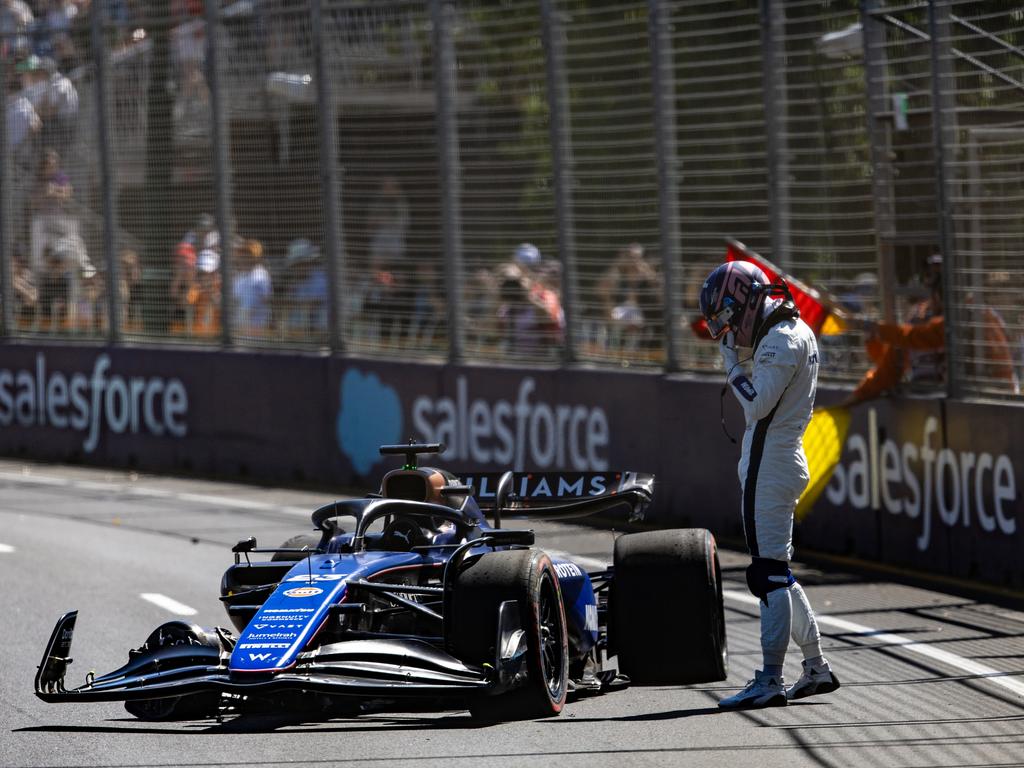 Alex Albon surveys the damage of his Williams after crashing out during FP1. Picture: Getty Images