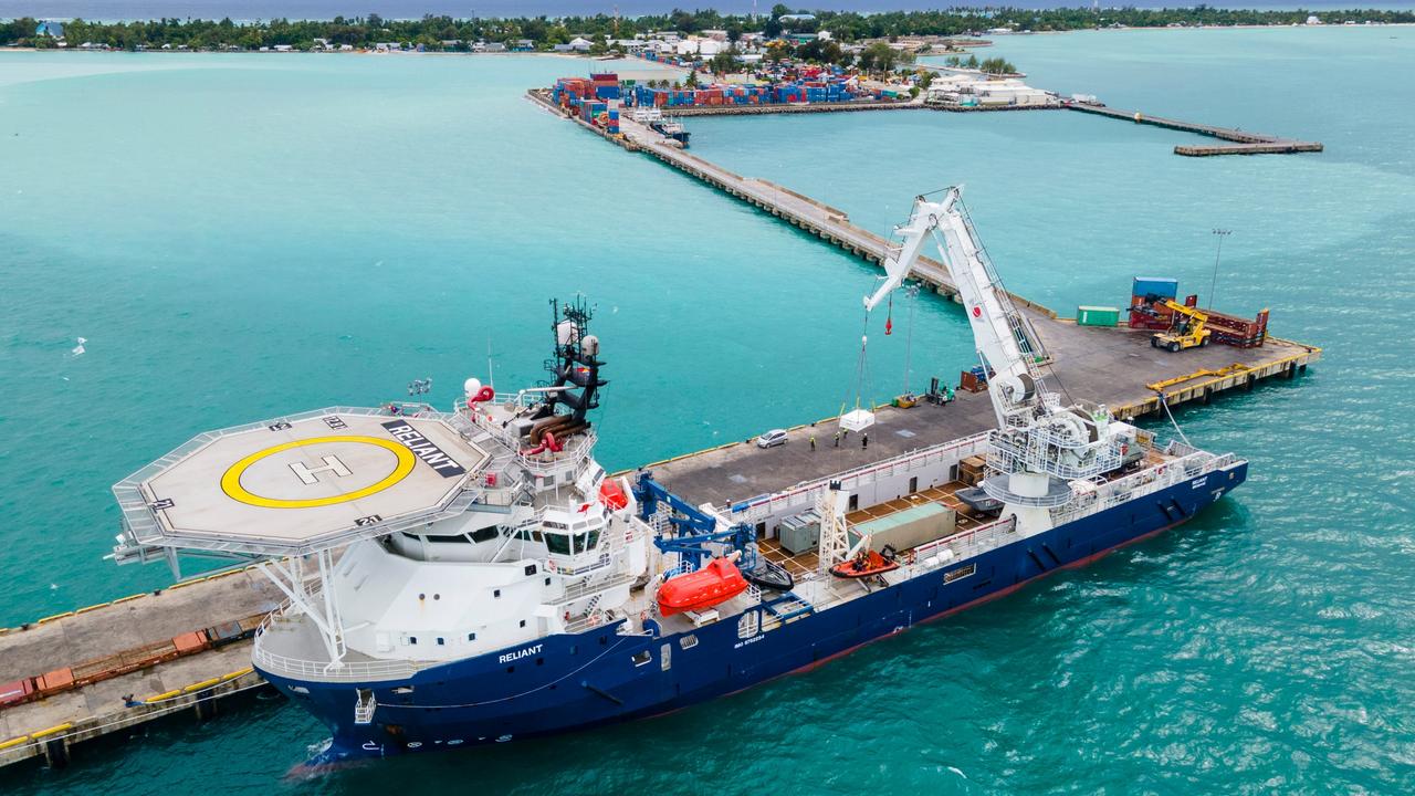 Australian Defence Vessel ADV Reliant in Kiribati during inaugural deployment to Pacific region, providing surveillance support and delivering humanitarian aid and cited as an example of a civil to Defence Flag change. Picture: Defence