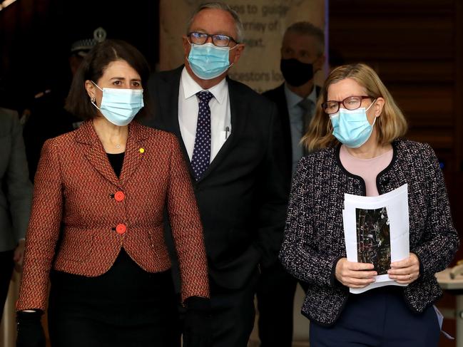 Premier Gladys Berejiklian, Health Minister Brad Hazzard, NSW chief health officer Dr Kerry Chant pictured at a COVID-19 update press conference yesterday. Picture: NCA NewsWire / Damian Shaw