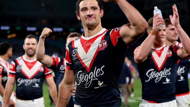 SYDNEY, AUSTRALIA - SEPTEMBER 01:  Billy Smith of the Roosters celebrates victory after the round 27 NRL match between South Sydney Rabbitohs and Sydney Roosters at Accor Stadium on September 01, 2023 in Sydney, Australia. (Photo by Matt King/Getty Images)