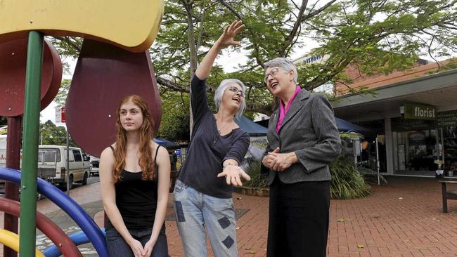 Georgia Meredith and her mother Anca Meredith talk with Lismore Mayor Jenny Dowell about the future of the city. Picture: Jacklyn Wagner