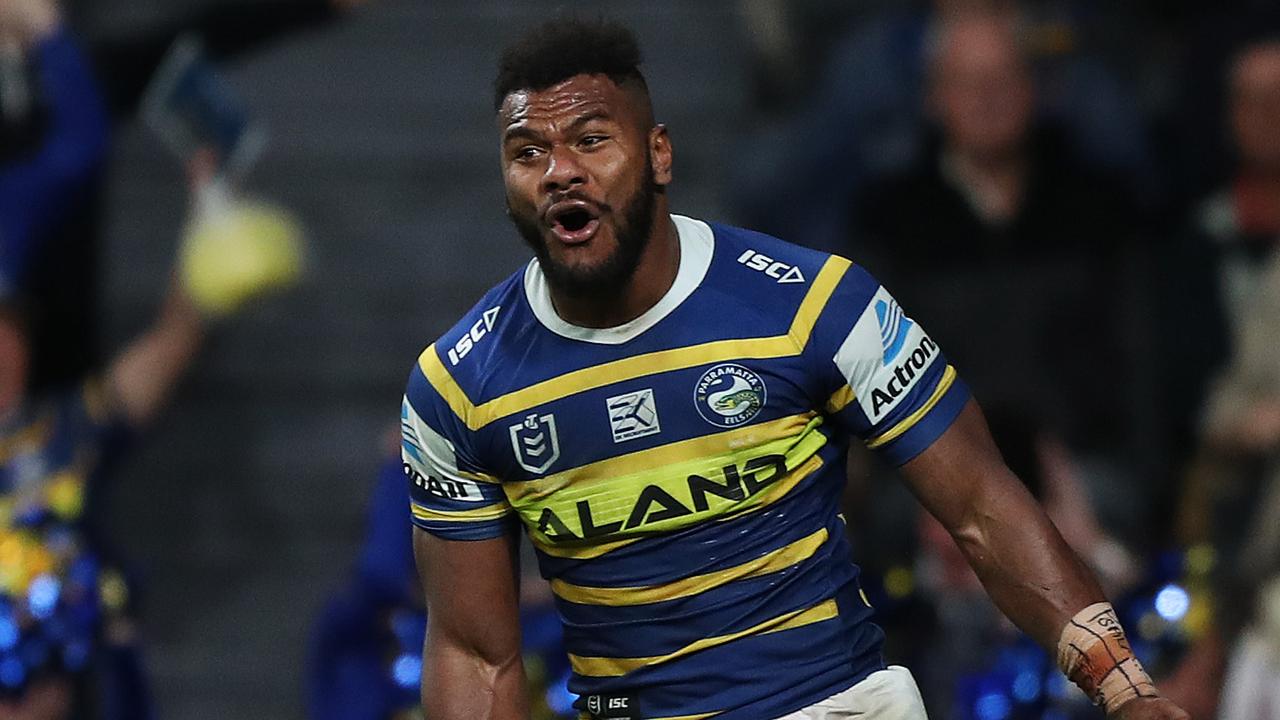 Parramatta's Maika Sivo celebrates after scoring his third try against Manly. Picture: Brett Costello