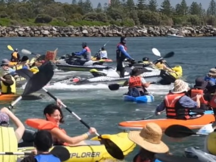 Scenes from the floating protest at Newcastle Harbour. Picture: Facebook