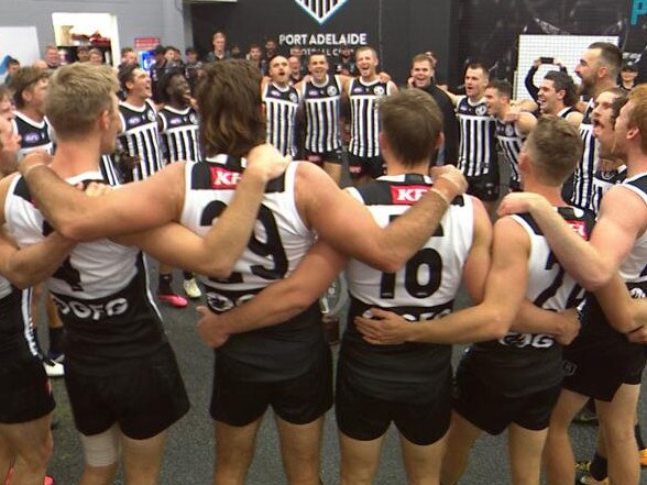 Port Adelaide players donned the infamous prison bar jersey after the game on Saturday