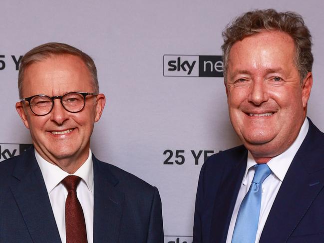 Daily Telegraph. 23, February, 2022.Anthony Albanese and Piers Morgan at the Sky News 25th Anniversary celebration, at Bennelong Restaurant, Sydney, today.Picture: Justin Lloyd.