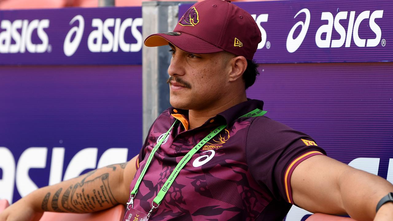 BRISBANE, AUSTRALIA - MARCH 27: Kotoni Staggs of the Broncos is seen on the sidelines before the start of the round three NRL match between the Brisbane Broncos and the Canterbury Bulldogs at Suncorp Stadium on March 27, 2021, in Brisbane, Australia. (Photo by Bradley Kanaris/Getty Images)