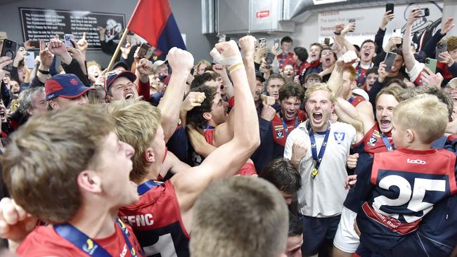 MPFNL Division One Seniors, Grand Final: Dromana FNC Seniors vs Mt Eliza FNC Seniors played at Kinetic Park, Frankston, Victoria, Sunday 15th September 2024.  Mt Eliza celebrate in the rooms after their win. Picture: Andrew Batsch