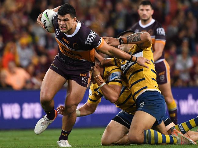 David Fifita on one of his trademark runs against the Eels in 2019. Picture: AAP Image/Dave Hunt