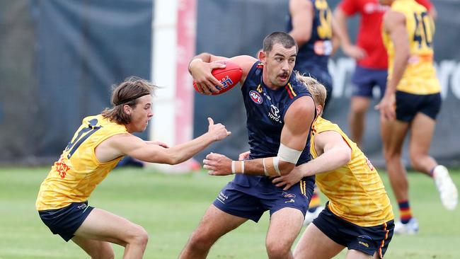 Taylor Walker and Hayden Kernahan (left) during Adelaide Crows training. Picture: Sarah Reed