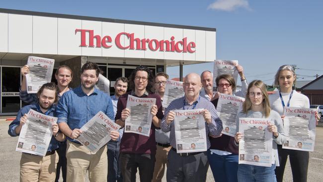 Toowoomba Chronicle journalists ( From left ) Will Hunter, Deputy Editor, Michael Nolan, Tom Gillespie, Sean Tuema, Matthew Newton, Jason Gibbs, Sports Editor, Steve Etwell, Editor-in-Chief, Glen McCullough, Tara Miko, Cassandra Glover and Alexia Austin. Picture: Nev Madsen. Tuesday, 22nd Oct, 2019.