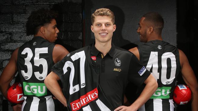 Collingwood's three draftees, Will Kelly (No.27), Isaac Quaynor (No.35) and Atu Bosenavulagi (No.40). Pic: Michael Klein