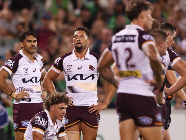 CANBERRA, AUSTRALIA - MARCH 15: Reece Walsh of the Broncos looks dejected after conceding a try during the round two NRL match between Canberra Raiders and Brisbane Broncos at GIO Stadium, on March 15, 2025, in Canberra, Australia. (Photo by Mark Metcalfe/Getty Images)