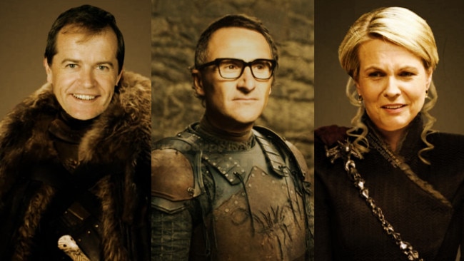 Bill Shorten as Jon Snow, Richard Di Natale as Theon Greyjoy and Tanya Plibersek as Daeneryn Targaryen. Picture: Ron Erdos/sarcastic.com.au