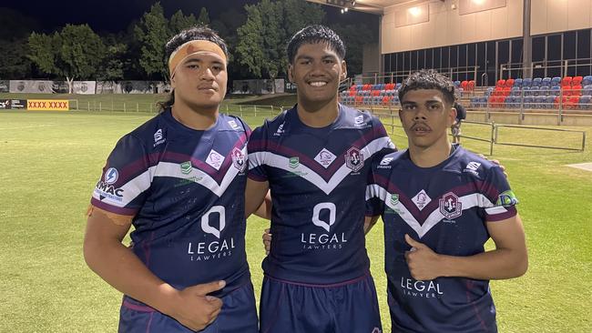 Ipswich trio Iosefa Kolio, LJ Nonu and Xavier Kirk after their win over Caloundra State High. Picture: Nick Tucker