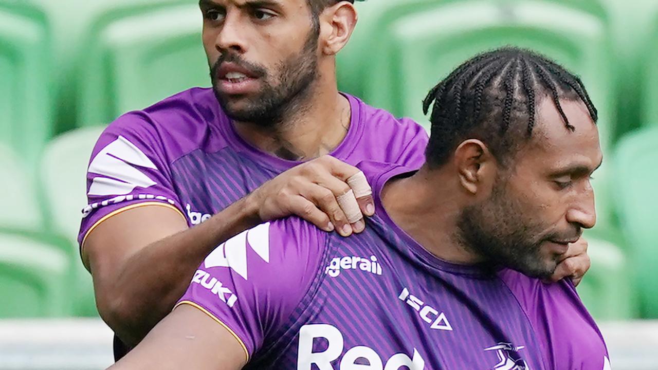 AT TRAINING: Josh Addo-Carr is seen with Justin Olam during an NRL Storm training session at AAMI Park in Melbourne last week. Picture: AAP Image/Michael Dodge.