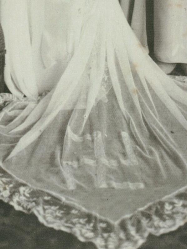 Close-up of reverse swastika in Jean Sully’s bridal veil in the 1930s