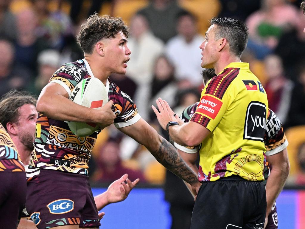 NRL BRONCOS COWBOYS, Reece Walsh of the Broncos kiss his jersey after  scoring a try during the NRL