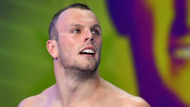 Kyle Chalmers is seen after winning the final of the mens 100 metre Freestyle during day two of the 2018 Australian Swimming Trials at the Gold Coast Aquatic Centre at Southport on the Gold Coast.