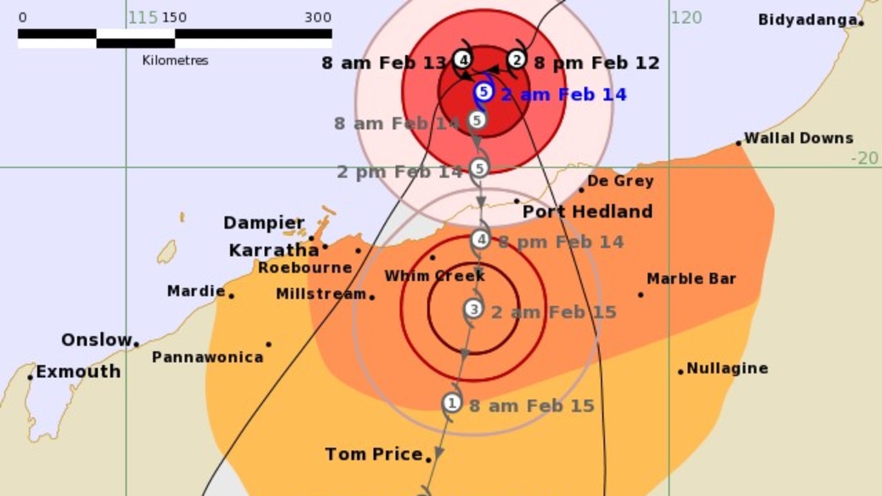 Tropical Cyclone Zelia threatened the Pilbara coast for days before making landfall. Picture: Bureau of Meteorology