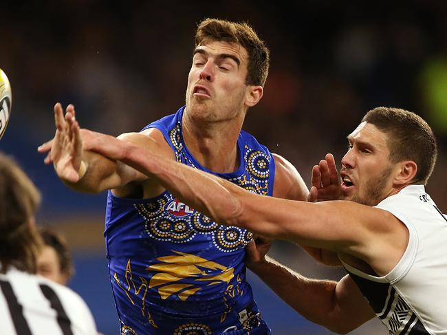 PERTH, AUSTRALIA - JUNE 02: Scott Lycett of the Eagles and Tom Hickey of the Saints contest the ruck during the round 11 AFL match between the West Coast Eagles and the St Kilda Saints at Optus Stadium on June 2, 2018 in Perth, Australia.  (Photo by Paul Kane/Getty Images)