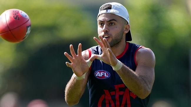 Christian Salem trains at Gosch's Paddock before the Demons flew out to the Sunshine Coast. Picture: AAP