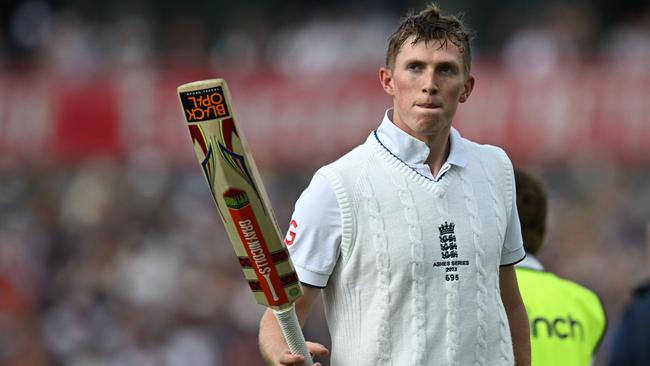 England's Zak Crawley reacts as he walks back to the pavilion after losing his wicket for 189 runs on day two of the fourth Ashes cricket Test match between England and Australia at Old Trafford.