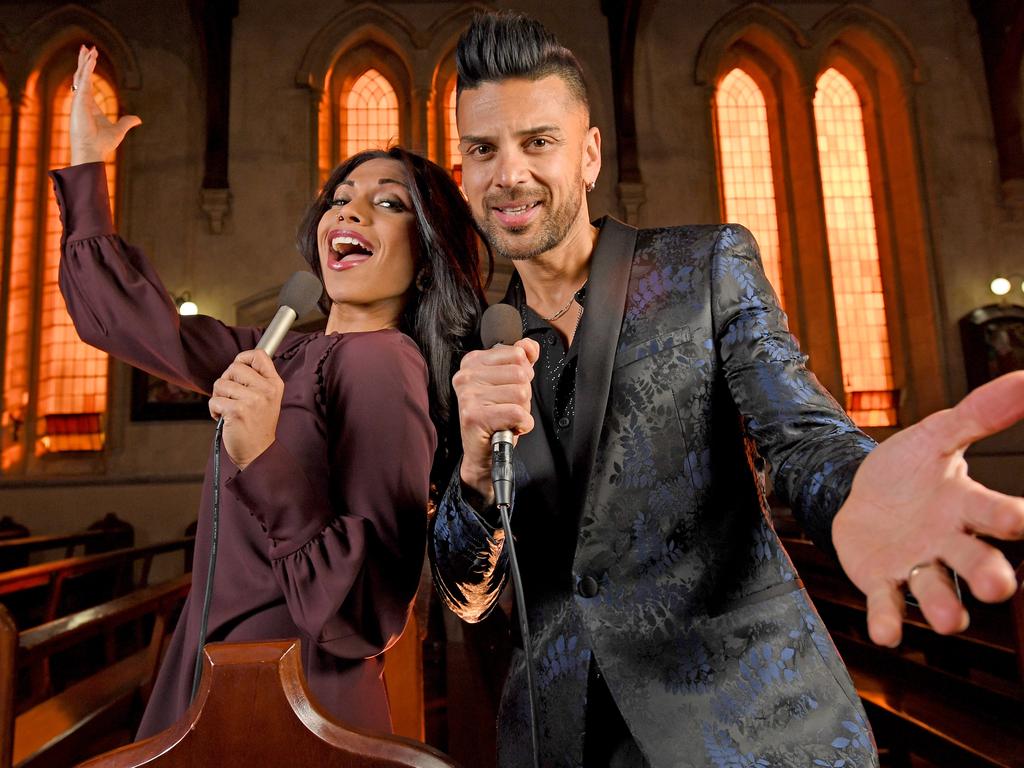 21/6/18 -  Adelaide gospel choir director Charmaine Jones and pop singer Andrew DeSilva singing in St Francis Xavier's Cathedral. Photo Naomi Jellicoe