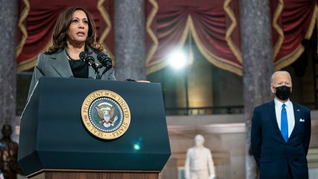 Vice President Kamala Harris speaks as President Biden looks on at the US Capitol this month. Picture: AFP