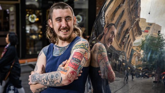 Fruchocs has found SA's most patriotic resident Josh Arbon who is covered in tattoos including FruChocs and West End. Picture: Tom Huntley.