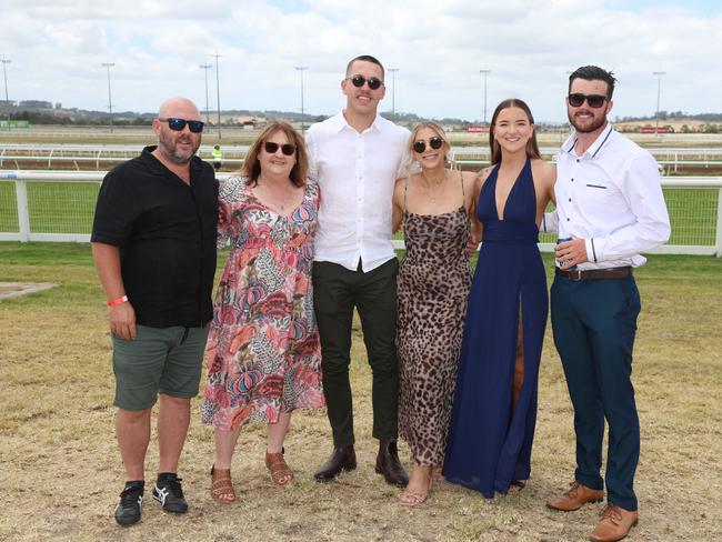 Sam Collins, Kelly Mitchell, Talia Briggs, Elaine Codgell, Greg Codgell and Dylan Alberni at the Pakenham Cup. Picture: Brendan Beckett