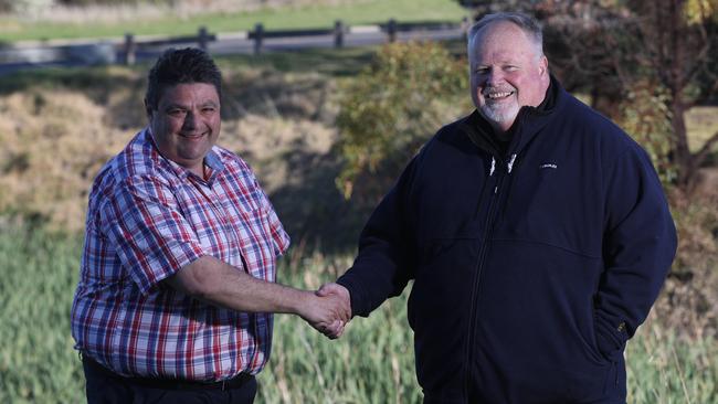 Deakin ward candidates Andrew Katos and Andy Richards and Andrew Kato pictured together at Waurn Ponds Creek off Rossack Drive. Picture: Alan Barber