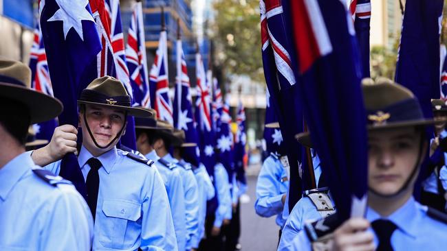 Australian Airforce cadets stand in formation ahead of the Anzac Day parade. Picture: Mark Evans/Getty Images