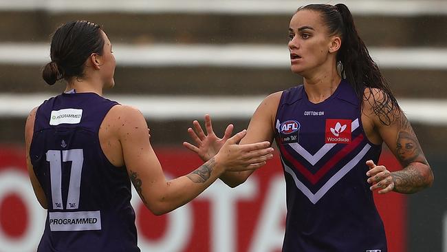 Gemma Houghton celebrates a goal at Fremantle Oval. Picture: Getty Images