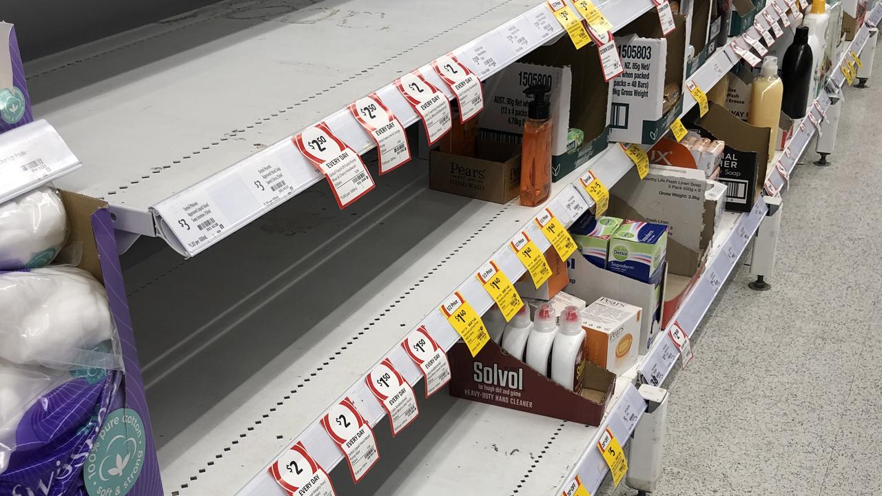 Coles in Geelong West was very low in stock of hand sanitiser, toilet paper and facial tissues. Picture: Peter Ristevski