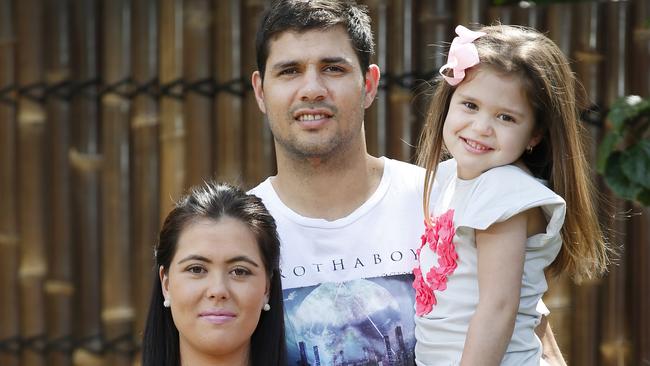 Want-a-way Essendon ruckman Paddy Ryder with his wife Jess son Harlan 11mths and daughter Liliana 4. . Picture: David Caird.