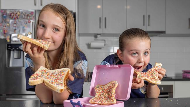 Imogen Fieg, 7 and Elouise Fieg, 5 with Fairy Bread at their house in Woodcroft SA. Pictured on Feb 12 2024. Picture: Ben Clark