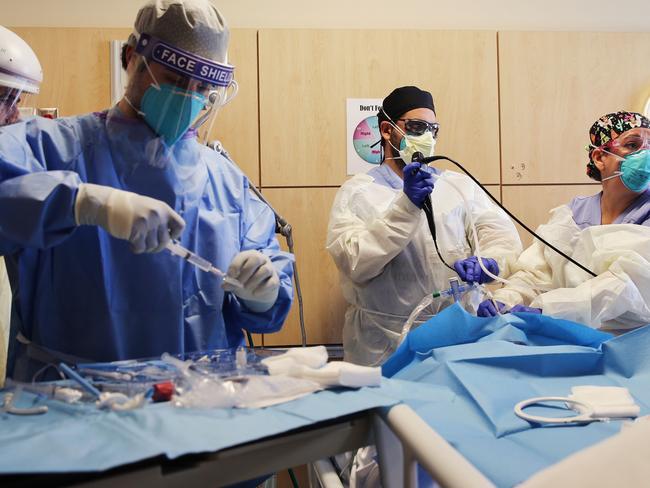 The COVID-19 pandemic continues to cause huge issues in the US including at Providence Holy Cross Hospital in Los Angeles, California. Picture: AFP