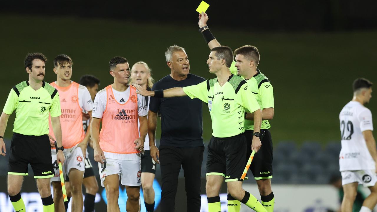 Wanderers head coach Marko Rudan protests to the referee after full time. Picture: Mark Metcalfe/Getty Images