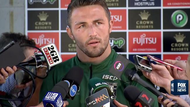 Sam Burgess faces the media regarding the sexting scandal engulfing South Sydney.