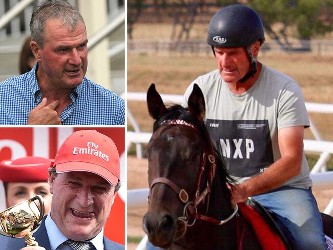 Darren Weir rides a horse (right) at his pre-training property, Trevenson Park. Top left: Weir is seen during the inquiry into the jigger scandal. Bottom left: Weir celebrates his 2015 Melbourne Cup victory with Prince of Penzance.