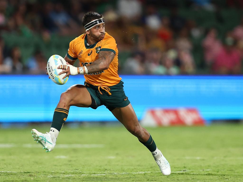 Maurice Longbottom of Australia runs the ball during the 2024 Perth SVNS men's match between USA and Australia at HBF Park on January 27, 2024 in Perth, Australia. (Photo by Paul Kane/Getty Images)